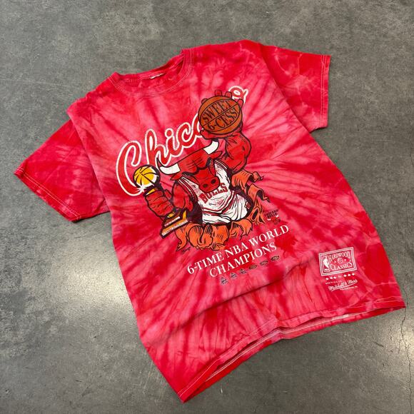 Vintage Y2K Chicago Bulls NBA 6 Time World Champ Red Tie Dye Mitchell Ness M - Picture 1 of 5
